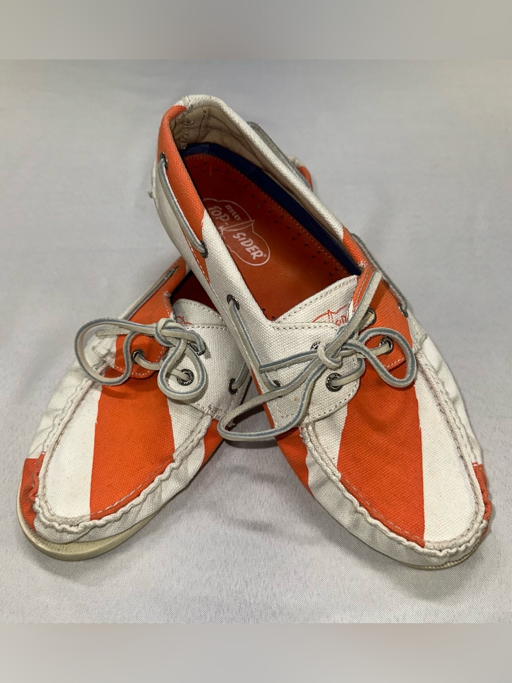 Sperry Top-Sider Mens 11 Canvas Boat Shoes Orange White Geometric Nautical RARE